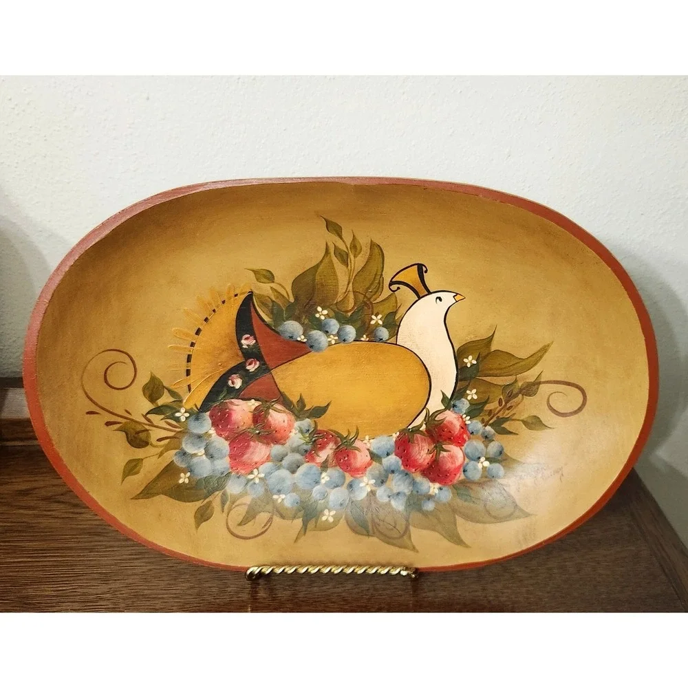Vintage Handpainted Wooden Partridge Dove Folk Art Tray Bowl Wall Hanging Signed